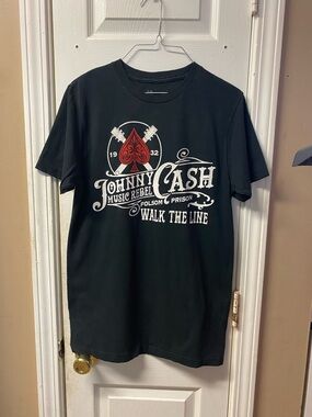 Zion Rootswear Black Johnny Cash Walk The Line Graphic Tee with Red Accent